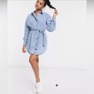 ASOS DESIGN denim cinched in belted shirt dress in midwash blue